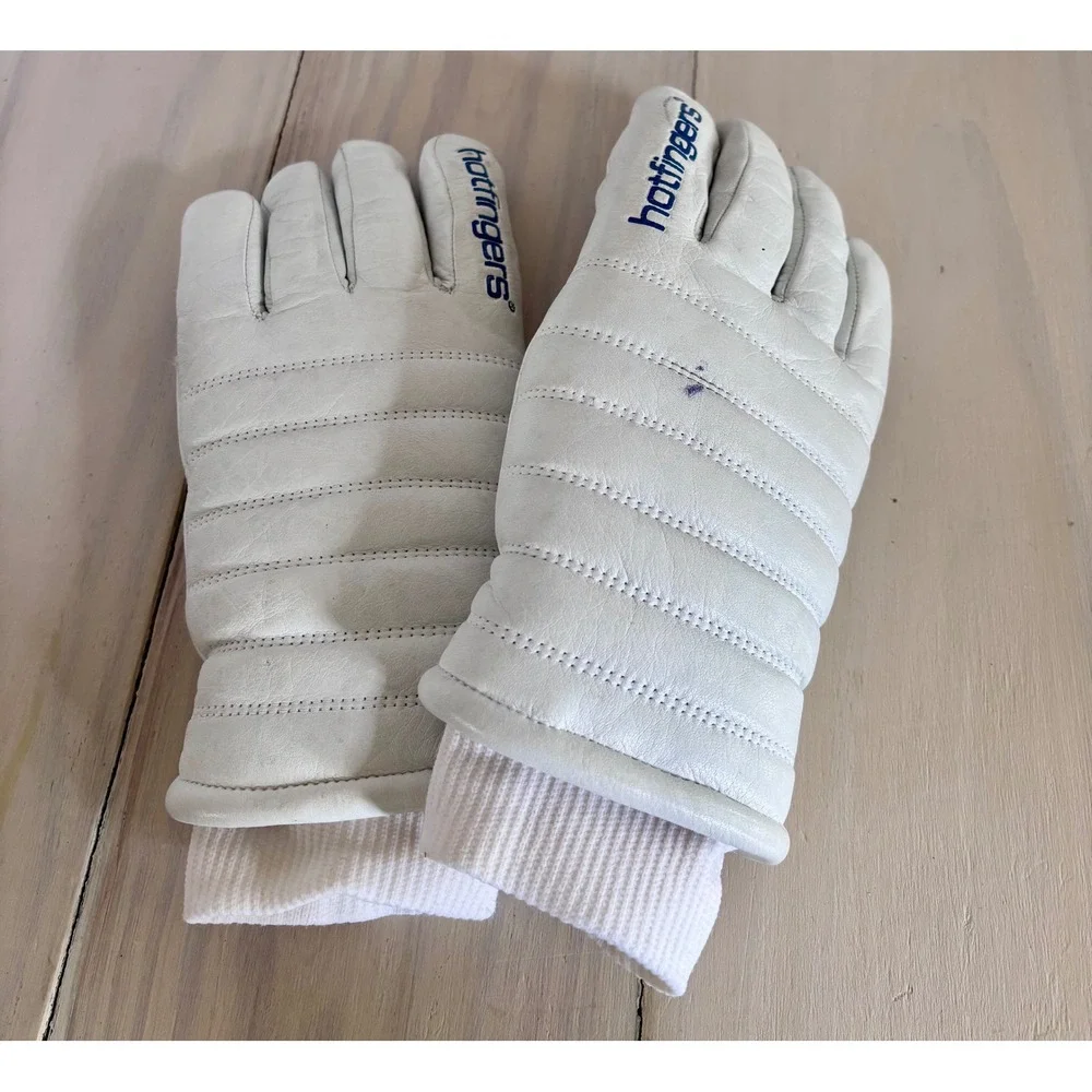 Hotfingers Vintage White Leather Quilted Ski Gloves Winter Snow Ribbed Cuff S
